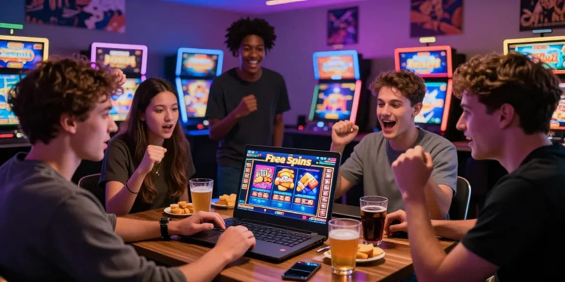Friends enjoying online gameplay with free spins on registration UK, celebrating wins with snacks and drinks.