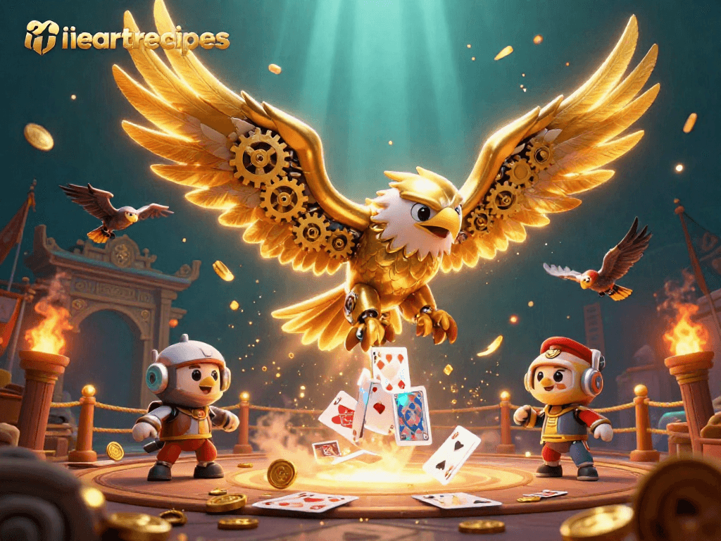 Experience the thrill at iheartrecipes as the golden eagle dives through holographic cards in a vibrant casino scene.