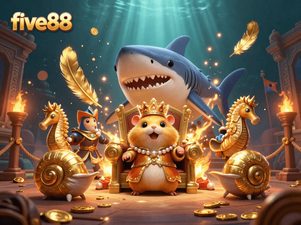 Experience thrilling gaming action at five88 - the underwater casino, featuring a golden hamster king and vibrant elements.