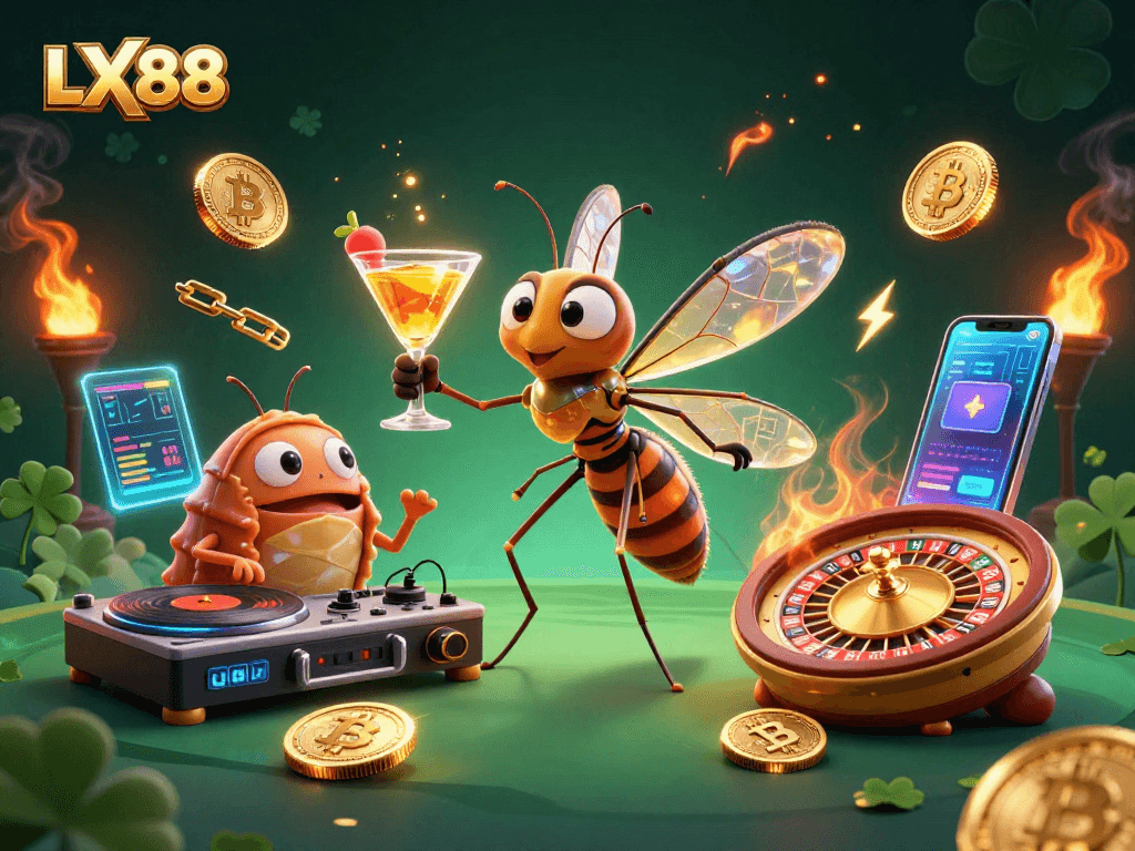 Engage with LX88's vibrant casino scene featuring a lively amber mosquito mascot and a trilobite DJ.