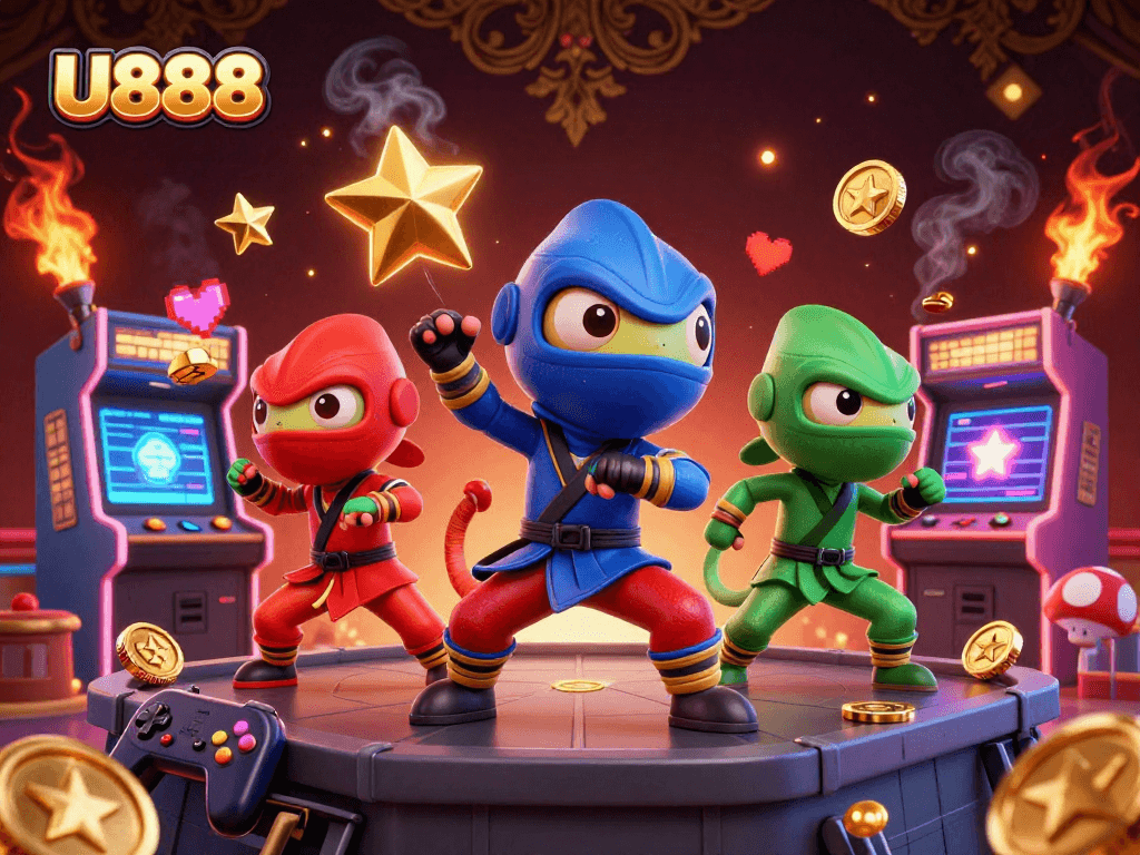Experience thrilling gambling with U888 as ninja chameleons perform on a vibrant casino backdrop.