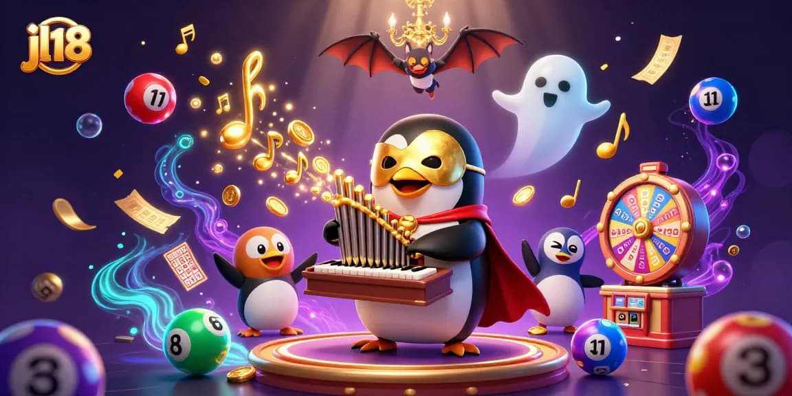 Experience thrilling gambling with jl18 as the phantom opera penguin conjures golden coins and lottery excitement.