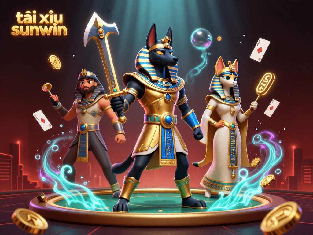 Engage in tài xỉu sunwin as Anubis and Bastet lead a vibrant casino adventure amidst floating poker elements and gold.