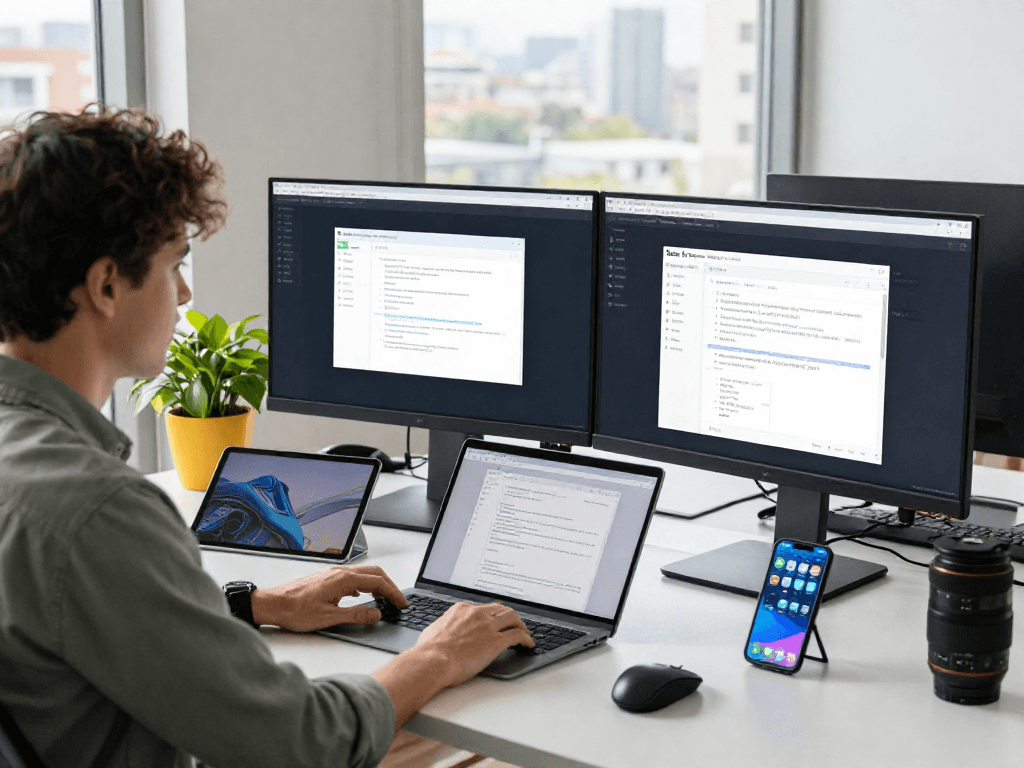 IT professional using ToDesk remote desktop software in a modern workspace.