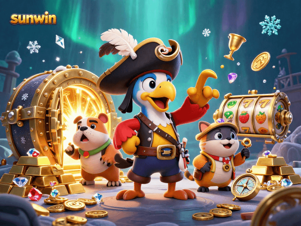 Sunwin's vibrant slot gaming scene featuring pirate characters, treasure, and golden reels.