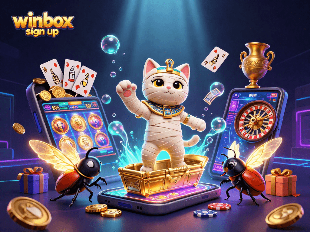 Winbox sign up to explore vibrant slots and games with an Egyptian-themed digital casino illustration.