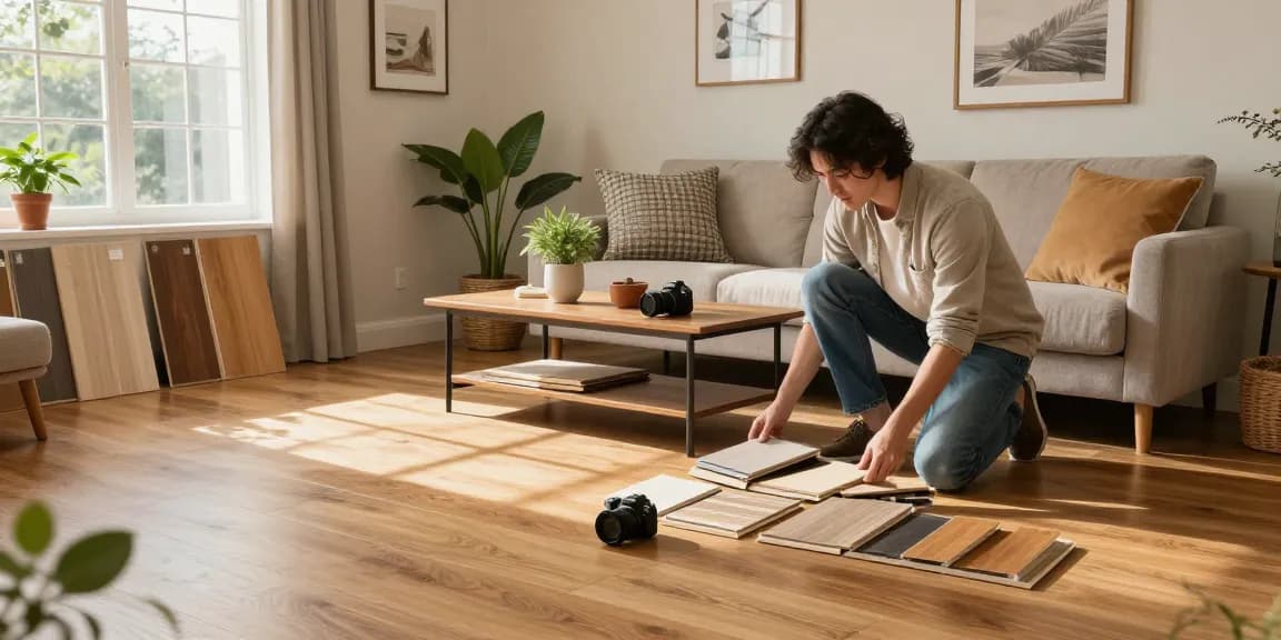 Explore the ultimate flooring buyer’s guide with laminate and engineered wood samples in a cozy living room.