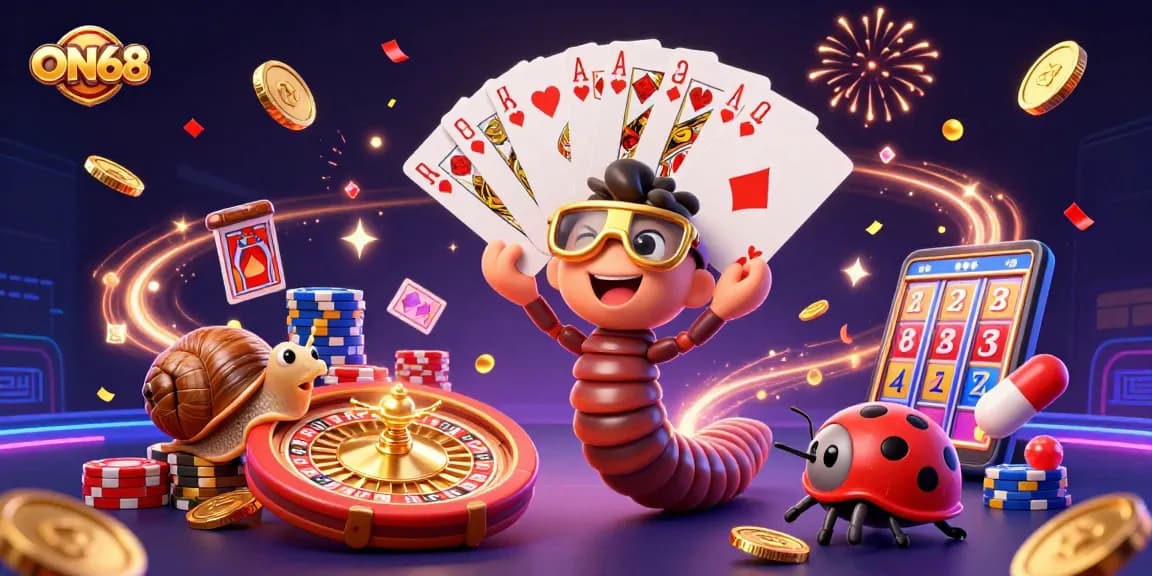 Experience the excitement of ON68 with dynamic characters and casino elements in a vibrant 3D illustration.