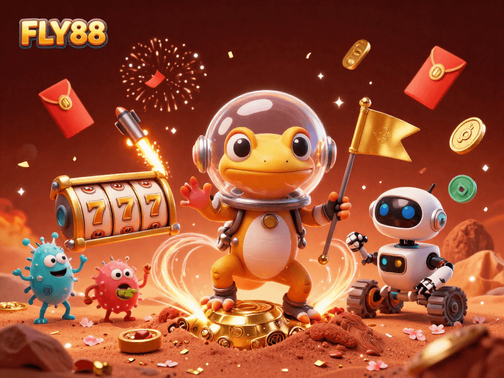 Experience FLY88’s excitement with a 3D Martian gecko discovering a golden casino amidst vibrant gaming elements.