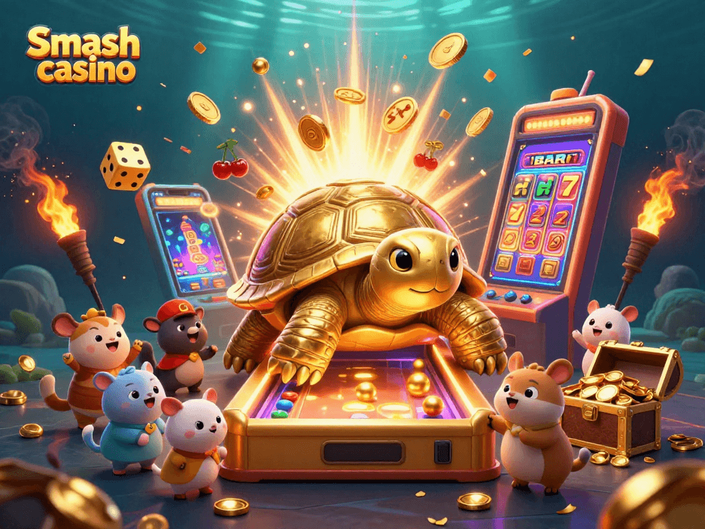 Experience thrilling gaming at Smash casino with golden tortoise and jackpot slot machine.