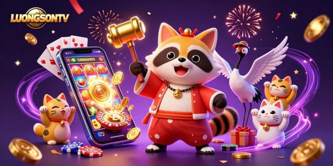 LUONGSONTV delivers vibrant excitement with cartoon characters amidst a dynamic casino scene.