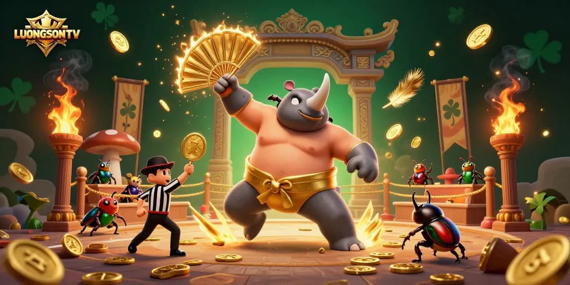 Experience thrilling gameplay at LUONGSONTV as a sumo beetle champion stomps coins in a vibrant arena.