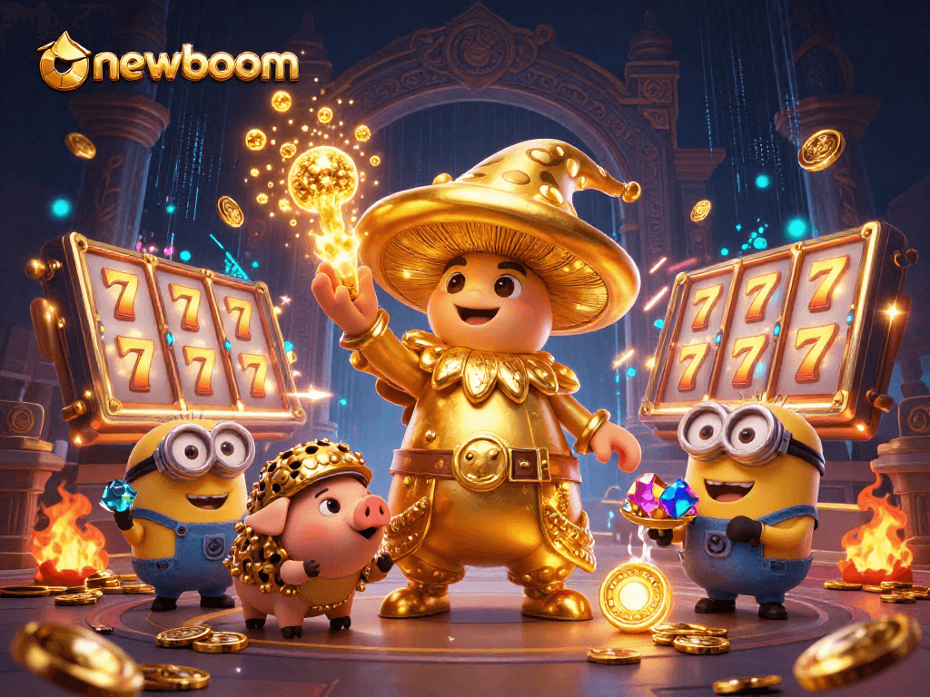 Engage with newboom as the mushroom wizard transforms challenges into golden opportunities in an exciting casino adventure.