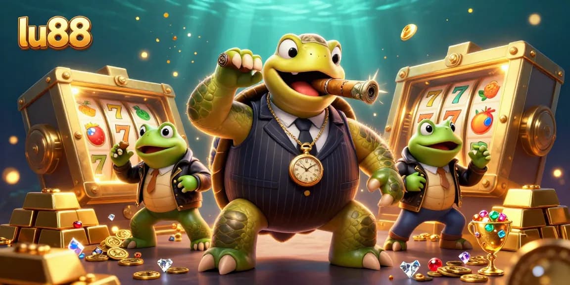 Experience the excitement at lu88 with this vibrant casino scene featuring a mobster turtle and bullfrog enforcers.
