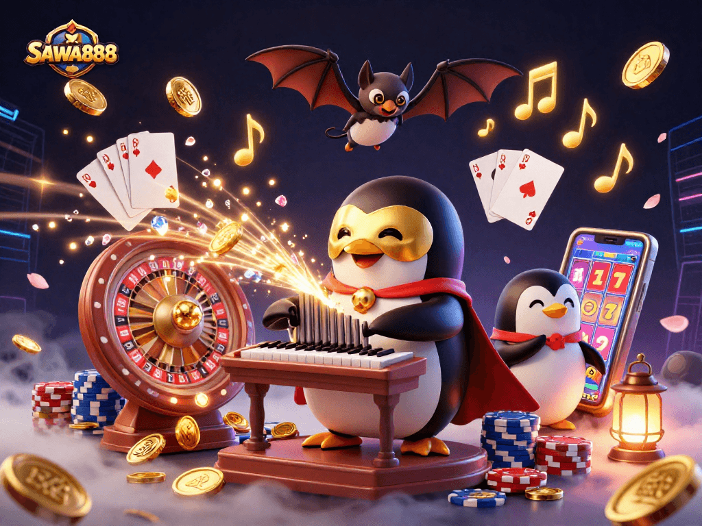 Experience SAWA888 with dynamic scenes of wins, coins, and casino excitement in a 3D vibrant illustration.