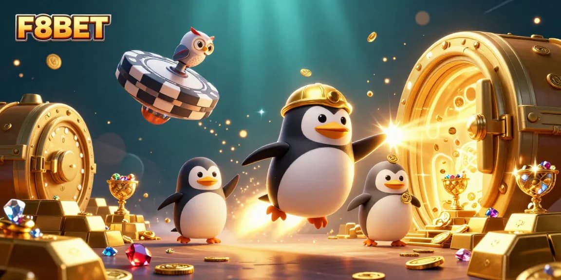 Experience thrilling gaming with F8BET's colorful casino journey featuring a penguin and treasures.