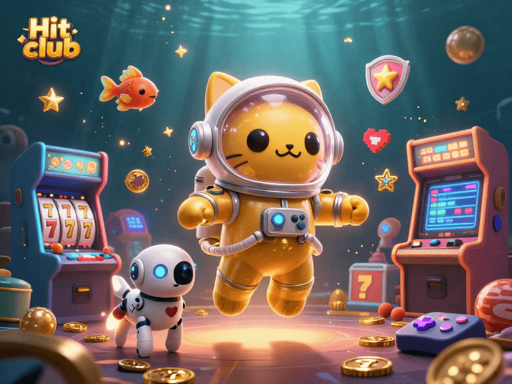 Experience the excitement of Hit club with a vibrant 3D casino illustration showcasing colorful slot reels.