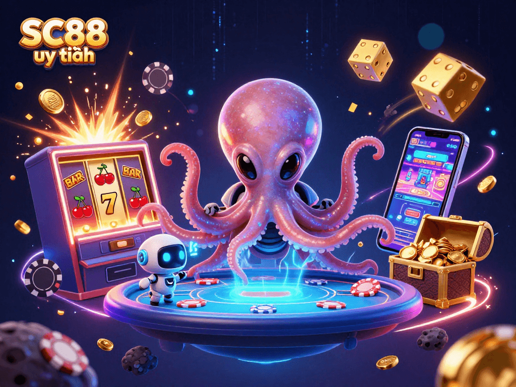 See SC88 uy tín in action with a vibrant 3D illustration featuring alien casino characters.