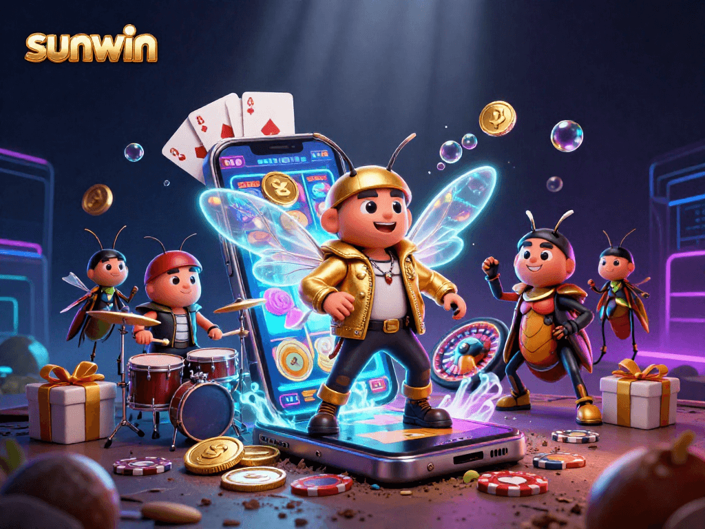 Experience the thrill of sunwin casino gaming with a vibrant rock star-themed illustration.