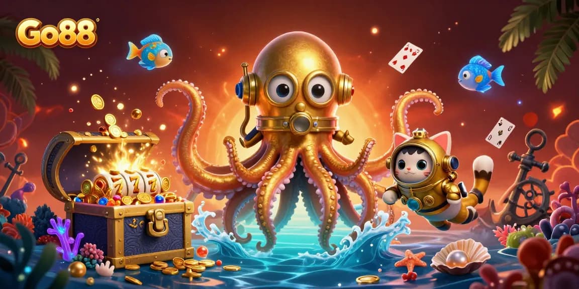 Engage in thrilling Go88 casino adventures with a vibrant underwater scene featuring a kraken and treasure.