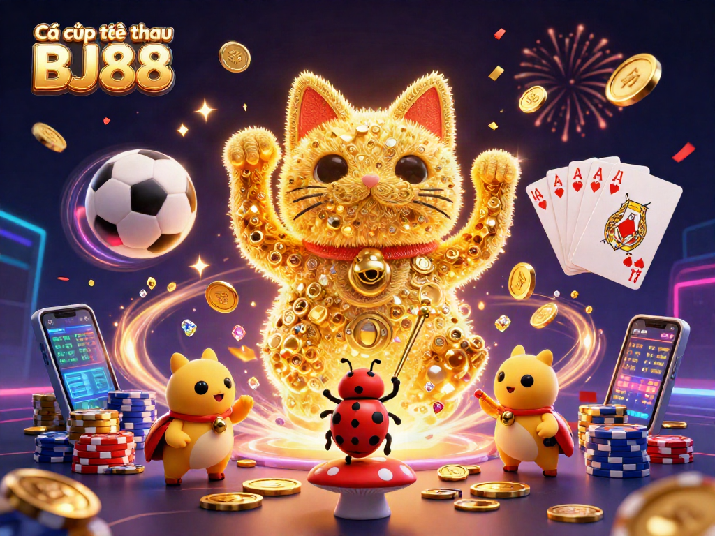 Cá cược thể thao BJ88 betting scene showcasing sports symbols with animated vibrant elements and festive atmosphere