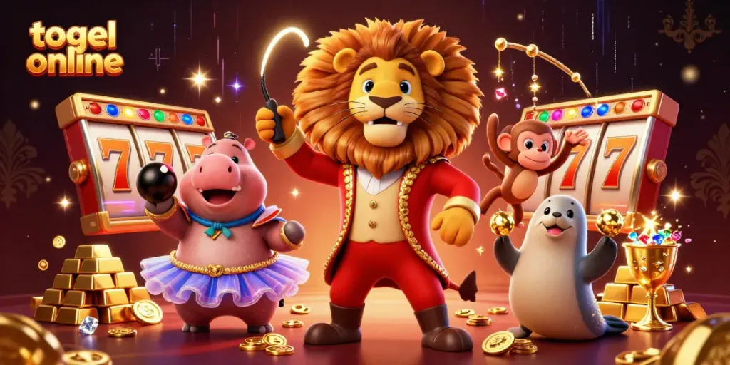 Engage in togel online excitement with vibrant characters against a backdrop of golden treasures.