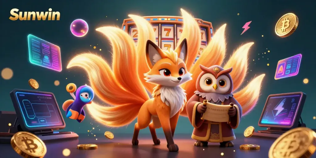 Engage with Sunwin's thrilling online gaming experience, featuring vibrant casino elements and animated characters.