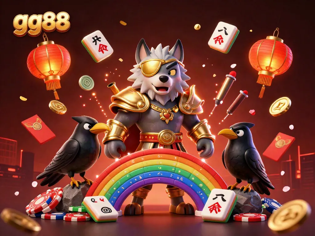 Experience the captivating realms of gg88 with Odin and his ravens on a vibrant casino chip bridge.