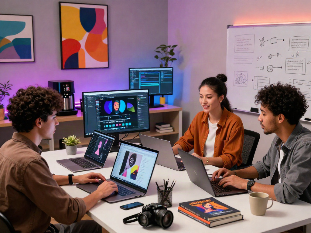 NSFW AI content creators brainstorming in a vibrant workspace with laptops and art.