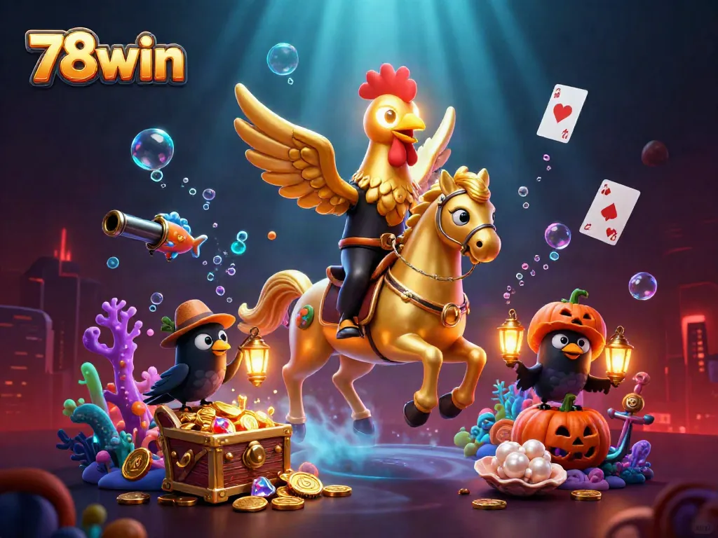 Engage with thrilling games at 78win in a vibrant casino setting with a golden rooster.