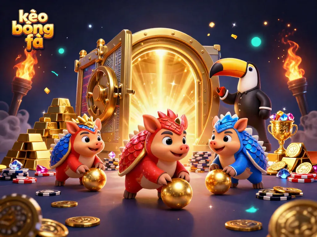 Engaging kèo bóng đá scene with rival pangolins rolling golden balls through poker chips, enhanced with vibrant casino elements.
