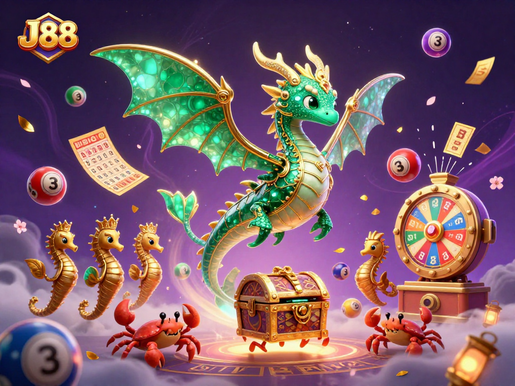 Experience thrilling wins with J88 as the sea dragon and royal seahorses guard treasures in a vibrant casino scene.