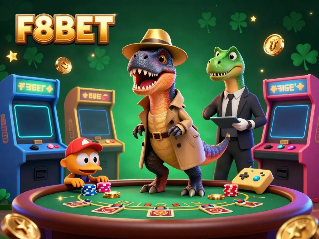 Experience thrilling gameplay at F8BET with a velociraptor at the blackjack table, surrounded by dynamic gaming elements.