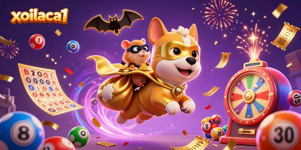 Bet and win with xoilaca1 featuring a superhero dog and dynamic lottery scene.