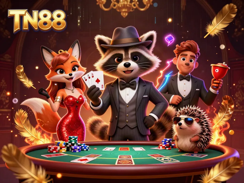 Experience the excitement of TN88 poker with a suave raccoon, elegant fox, and cool hedgehog in a vibrant casino