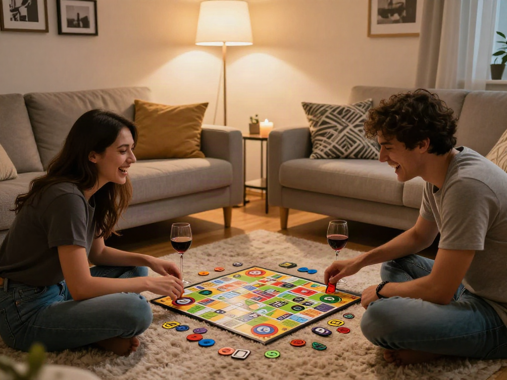 Couple enjoying a playful sex game in a cozy living room, highlighting connection and intimacy.