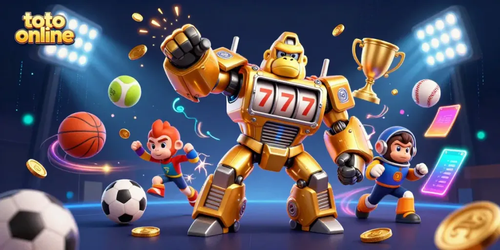 Engage in thrilling gameplay with toto online featuring a dynamic golden gorilla mech and sports elements.