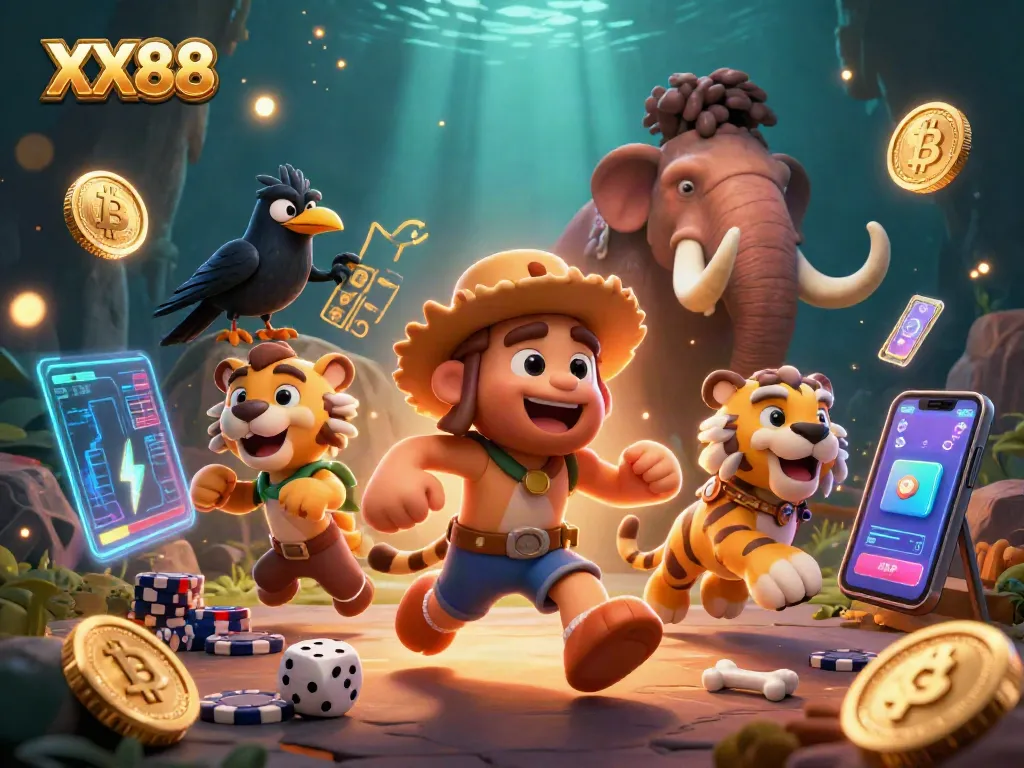 Experience exciting gaming with XX88 in a vibrant prehistoric casino scene filled with unique elements.