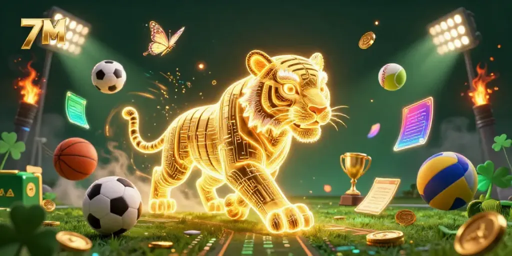 Engage with 7M's dynamic sports betting scene featuring a glowing tiger and holographic butterflies.