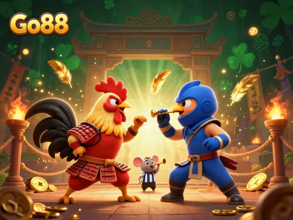 Fighting roosters and a referee illustrate the competitive spirit of Go88 in an action-packed gaming arena.