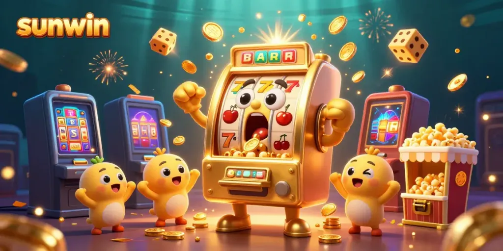 Experience the excitement of sunwin gaming with a jubilant golden slot machine celebrating a jackpot.