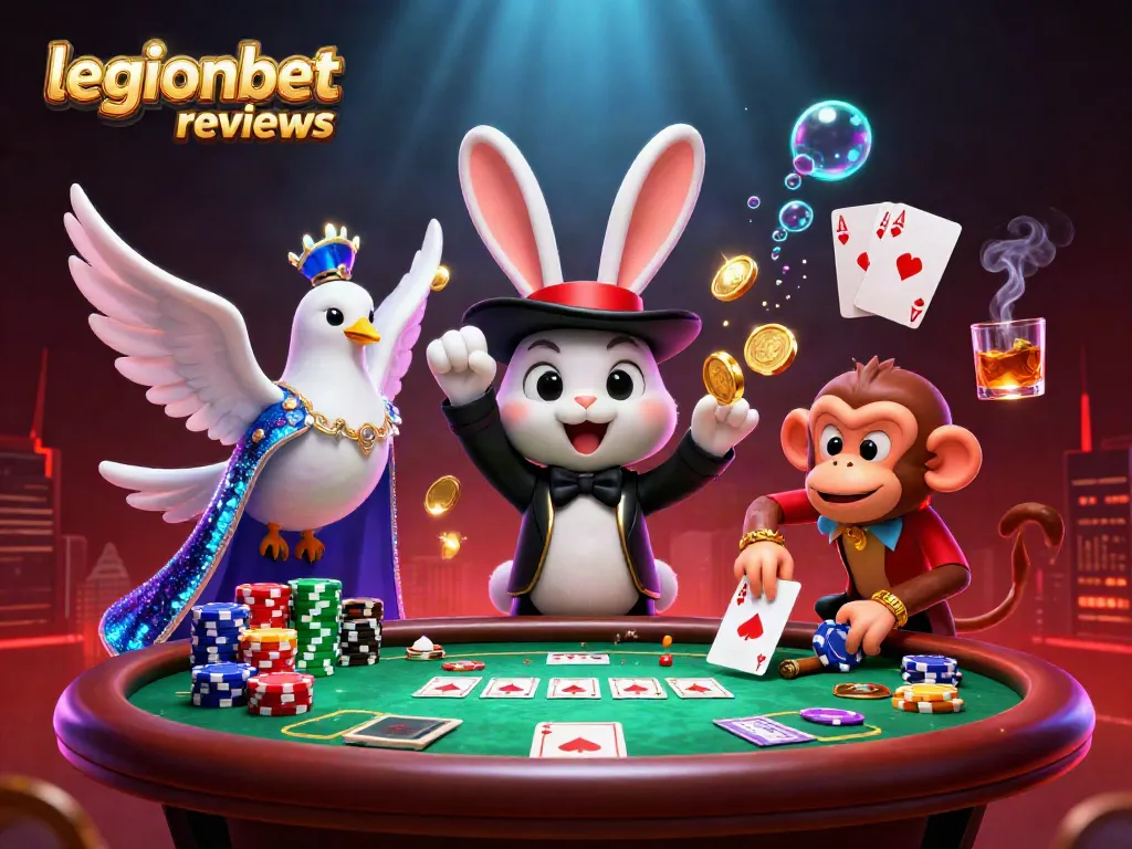 Engage with legionbet reviews in this lively scene featuring a magician rabbit and poker chips.