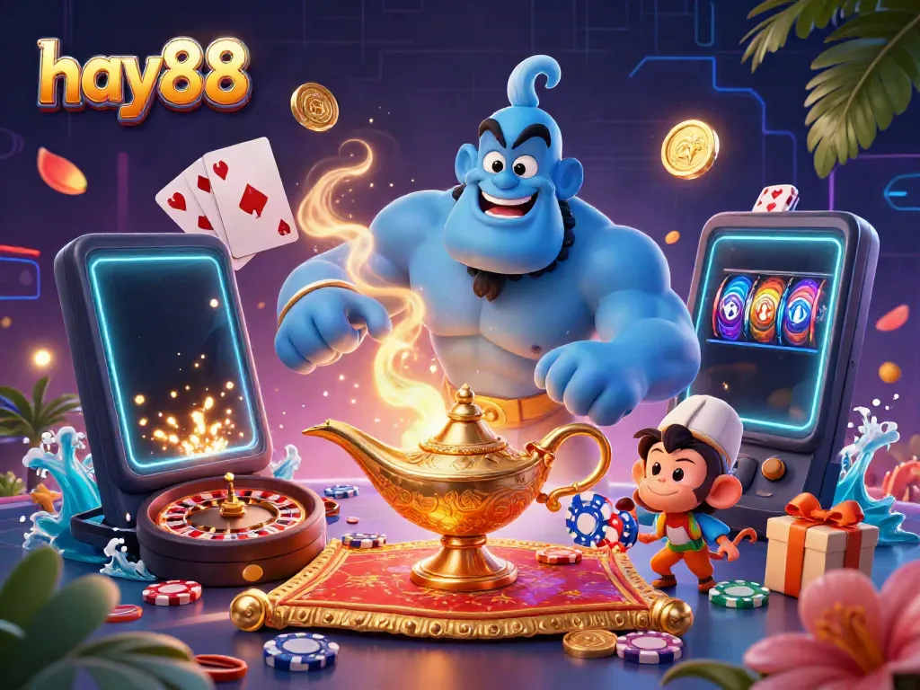 Experience excitement with hay88's rich online gaming scene featuring a genie, magic carpet, and vibrant casino elements.
