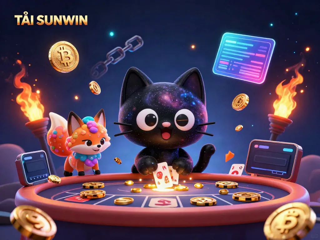 TẢI SUNWIN illustrated scene with cosmic casino elements featuring a cartoon cat and vibrant gaming symbols.