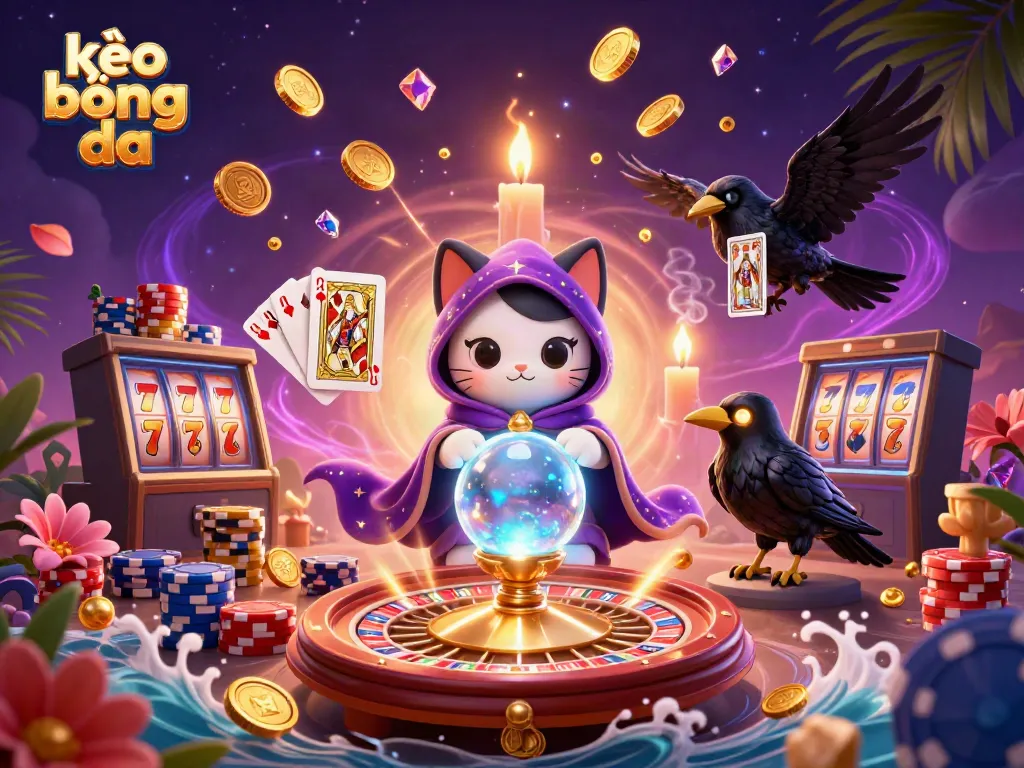 Bet on kèo bóng đá with a mystical fortune teller cat and a tarot wisdom raven in a vibrant casino scene.