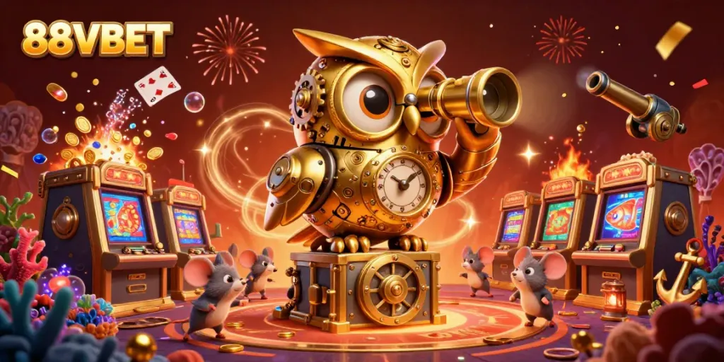 Experience excitement with 88VBET in a vibrant 3D casino scene filled with games and fun elements.