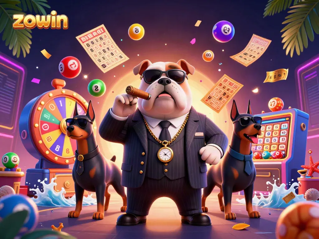 Zowin lottery scene featuring a mafia bulldog and Doberman bodyguards amidst lively game elements.