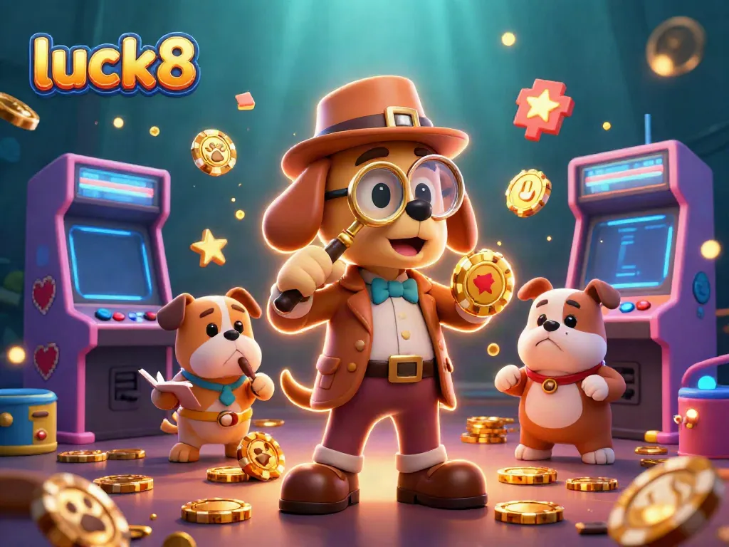 Experience luck8 with a detective uncovering treasures in a vibrant casino game scene.
