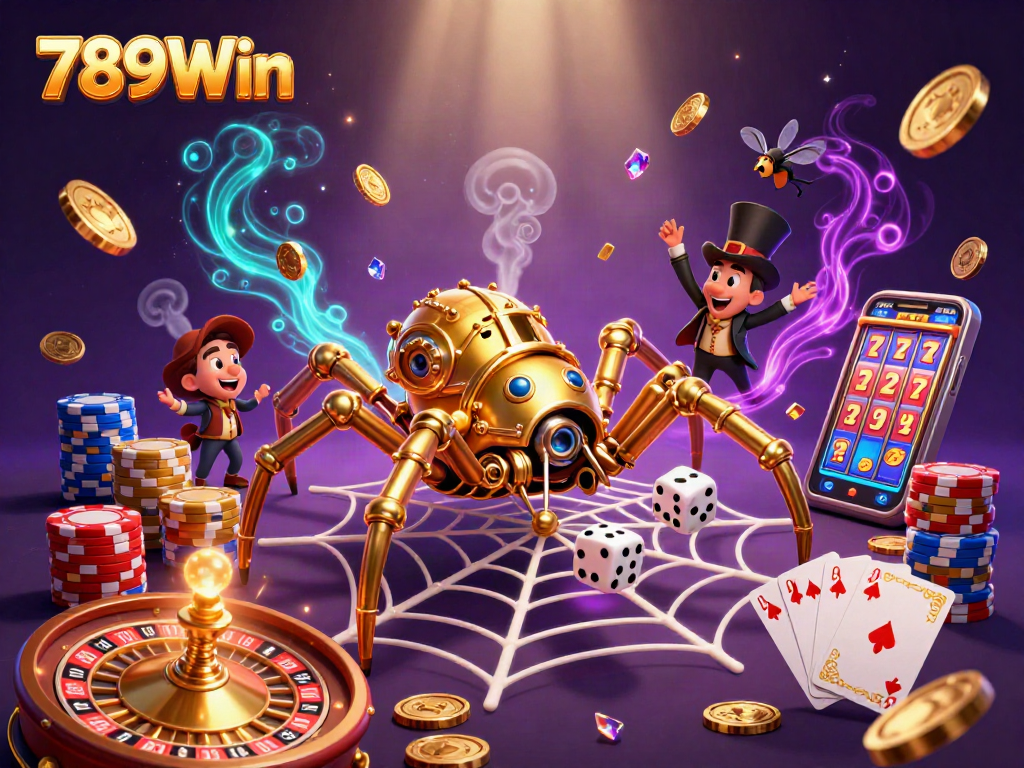 Play and win big with 789Win's vibrant casino-themed 3D illustration showcasing captivating game elements.