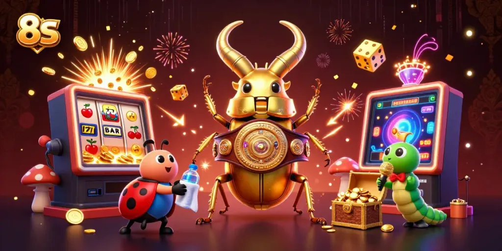 Experience vibrant casino action with 8S-themed gambling characters and dynamic slot machine elements.